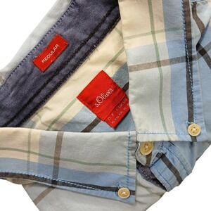 S Oliver Mens Regular Fit Size XL Blue White Button Down Plaid Long Sleeve Shirt